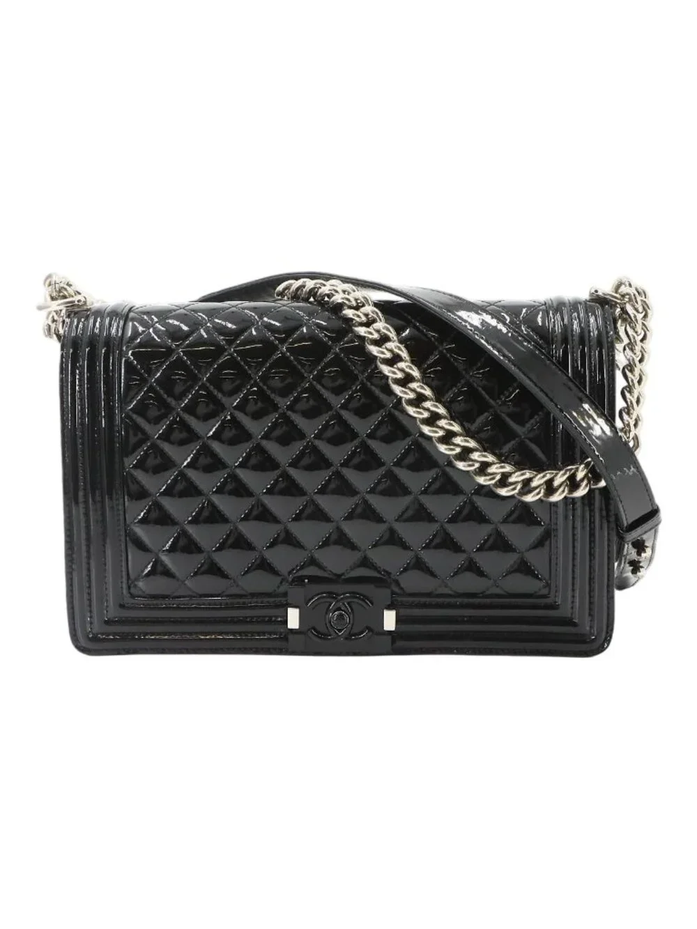 Chanel Boy Chain Shoulder Bag Patent Leather Black Silver